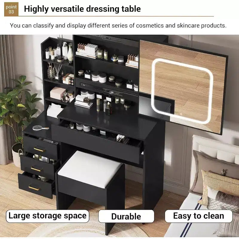 Toeletta Nera con Specchio Scorrevole, Illuminazione Regolabile, Presa Elettrica e Cassetti per Camera da Letto