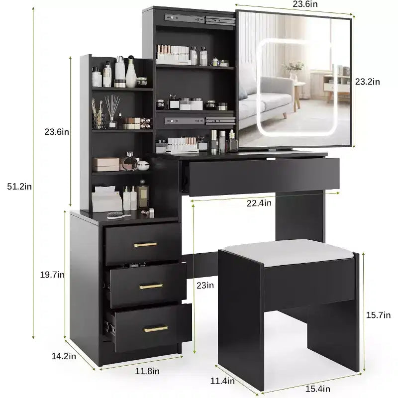 Black Sliding Mirror Vanity Desk with Adjustable Lighting, Power Outlet, and Storage Drawers for Bedroom