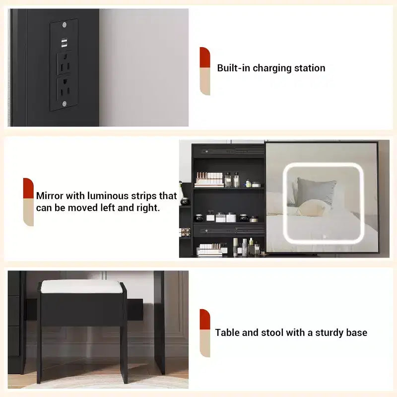 Black Sliding Mirror Vanity Desk with Adjustable Lighting, Power Outlet, and Storage Drawers for Bedroom