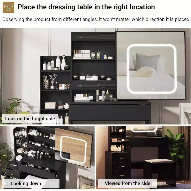 Black Sliding Mirror Vanity Desk with Adjustable Lighting, Power Outlet, and Storage Drawers for Bedroom