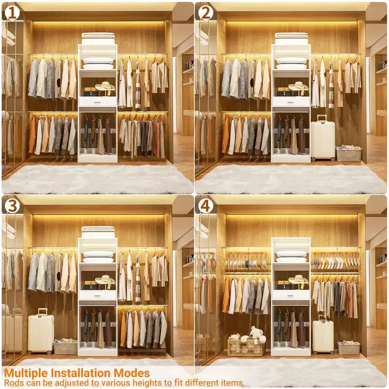 Organizzatore per armadi da 2,4 m con bastone appendiabiti estensibile, sistema per armadi in legno con cassetto