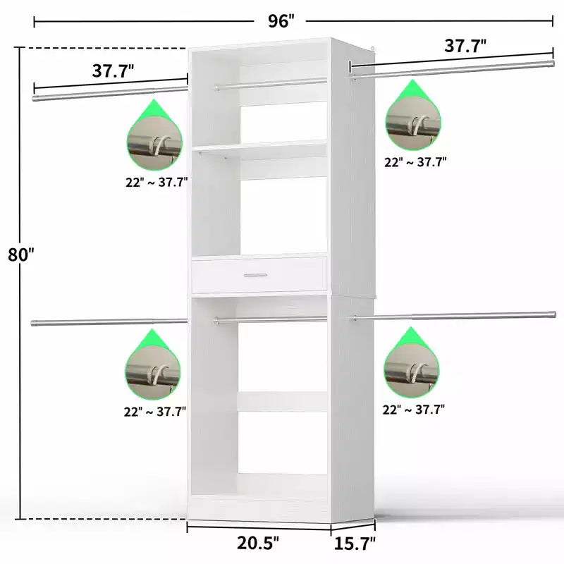 Organizzatore per armadi da 2,4 m con bastone appendiabiti estensibile, sistema per armadi in legno con cassetto