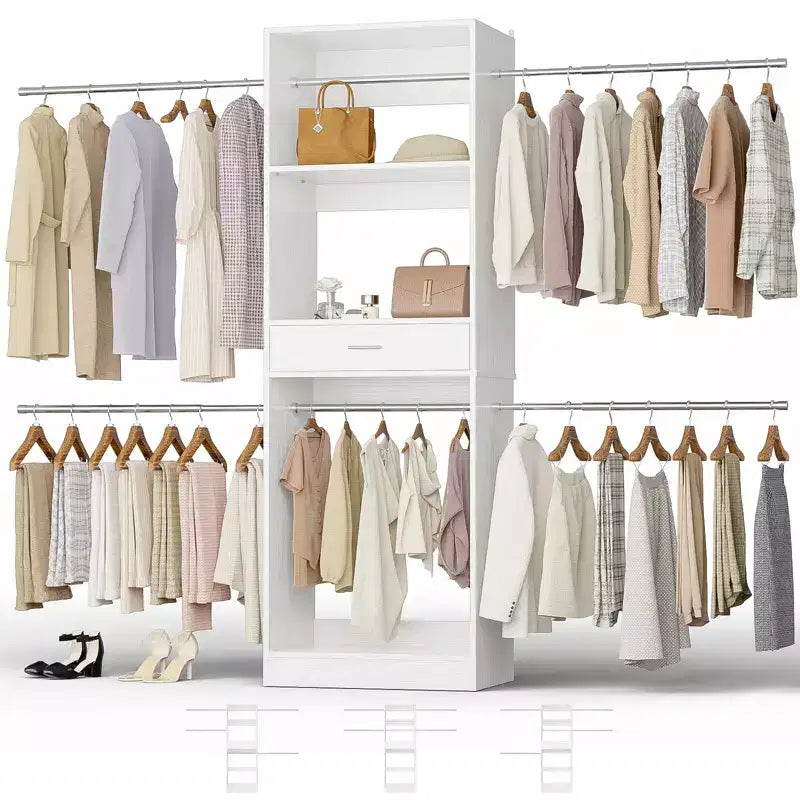 Organizzatore per armadi da 2,4 m con bastone appendiabiti estensibile, sistema per armadi in legno con cassetto