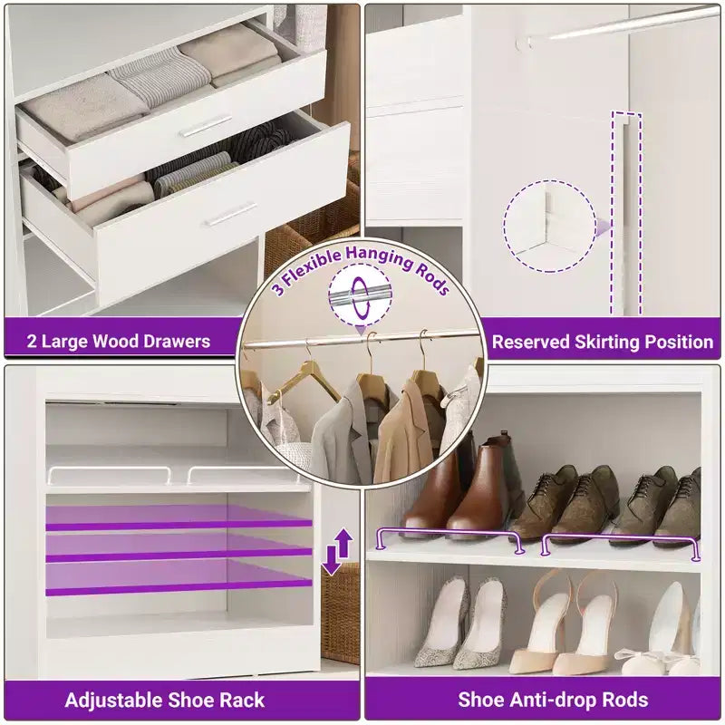 Organizzatore per armadi da 2,4 m con bastone appendiabiti estensibile, sistema per armadi in legno con cassetto