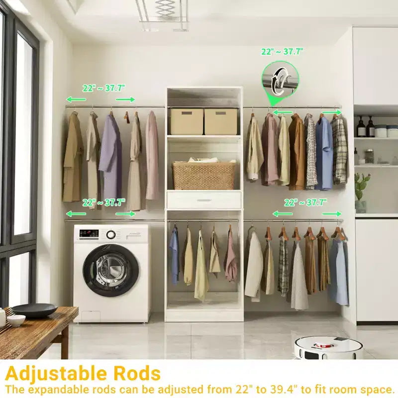 Organizzatore per armadi da 2,4 m con bastone appendiabiti estensibile, sistema per armadi in legno con cassetto