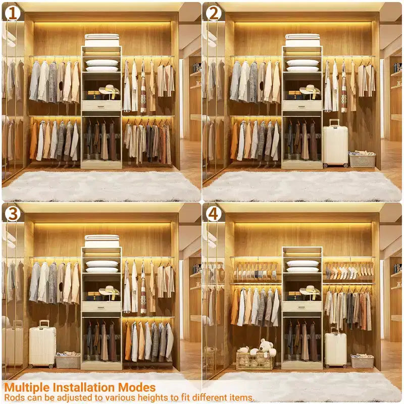 Organizzatore per armadi da 2,4 m con bastone appendiabiti estensibile, sistema per armadi in legno con cassetto