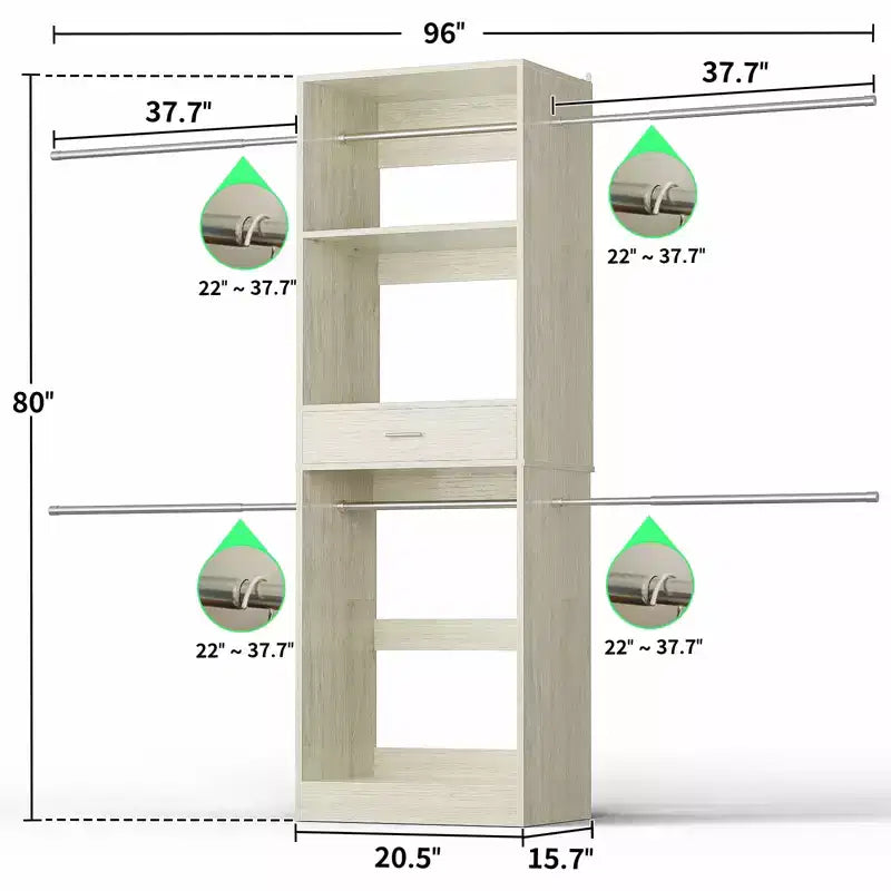 Organizzatore per armadi da 2,4 m con bastone appendiabiti estensibile, sistema per armadi in legno con cassetto