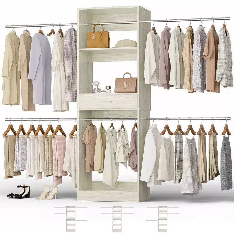 Organizzatore per armadi da 2,4 m con bastone appendiabiti estensibile, sistema per armadi in legno con cassetto
