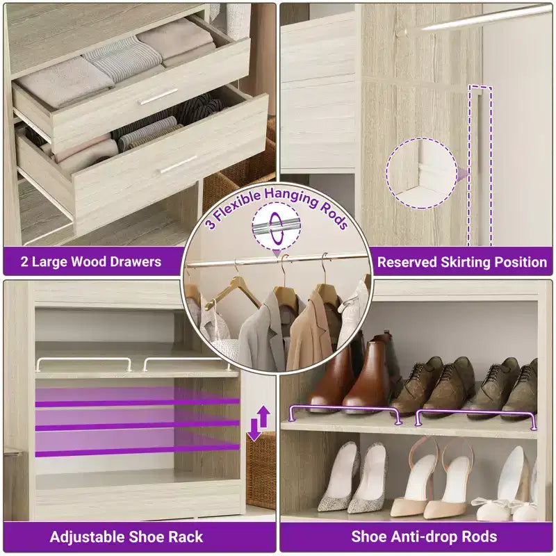 Organizzatore per armadi da 2,4 m con bastone appendiabiti estensibile, sistema per armadi in legno con cassetto