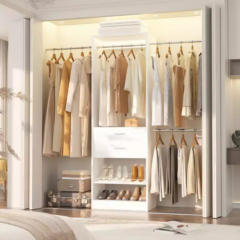 8FT Closet Organizer with Extendable Hanging Rod, Wood Closet System with Drawer