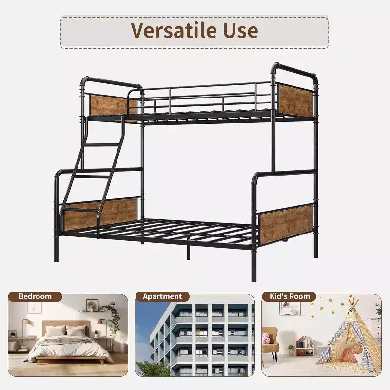 Letto a castello in metallo a una piazza e mezza con scala angolata, sponde di protezione alte, struttura del letto a castello resistente con doghe in metallo, bordi lisci e arrotondati, marrone vintage