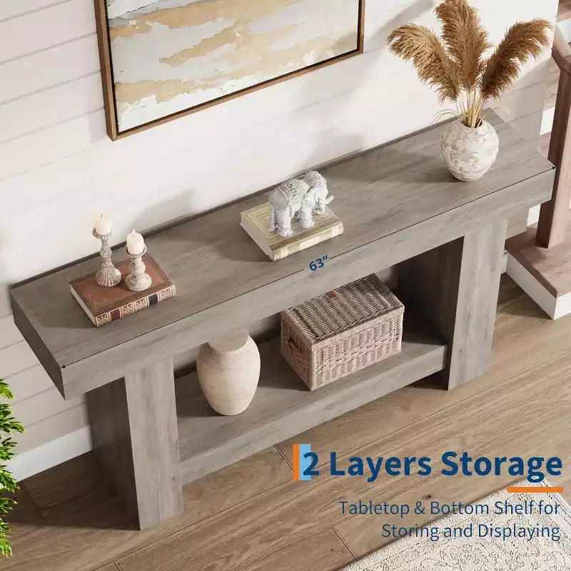 Consolle lunga 63 pollici per ingresso, Tavolo consolle in legno stile rustico per soggiorno, Tavolo da divano grande a 2 livelli con contenitore, Tavolo in legno per ingresso