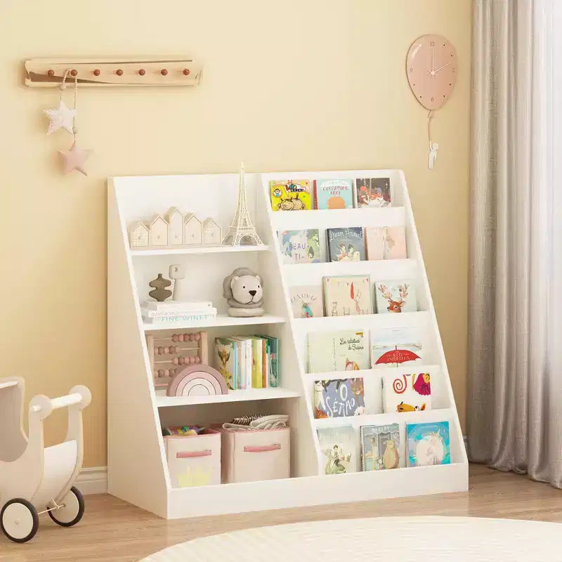 Kids Bookshelf and Toy Storage Organizer, Multifunctional 4 Tier Wooden Kids Book Shelf with Bookcase Display Stand in Kids Room Playroom Nursery