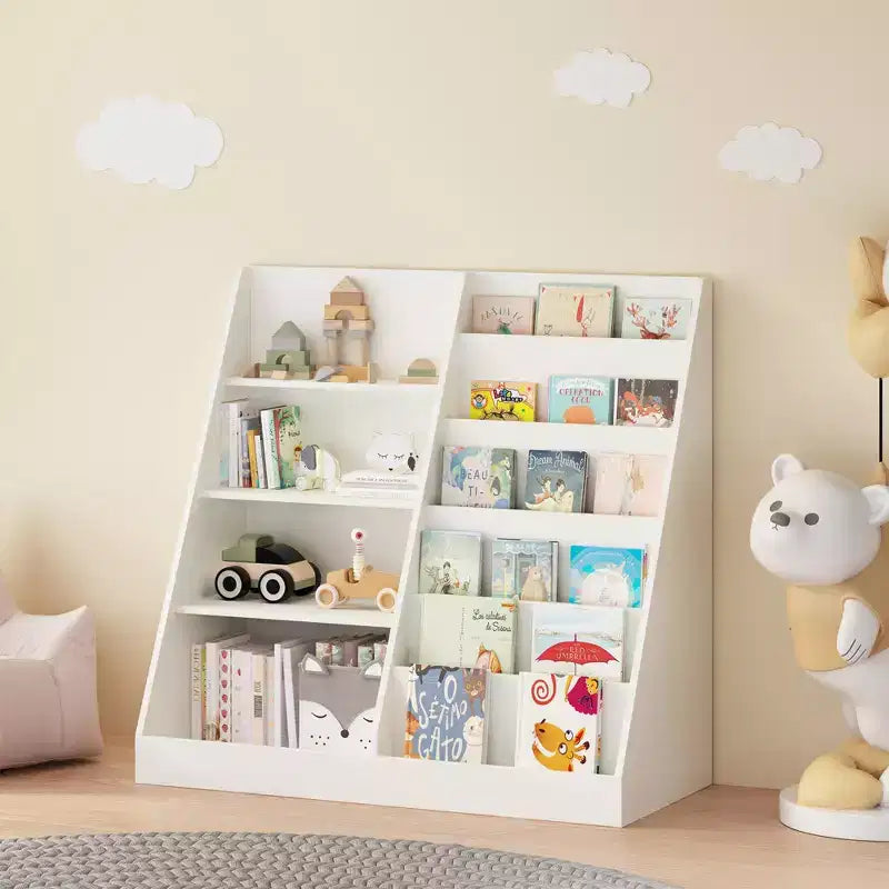 Libreria per bambini e organizer per giocattoli, scaffale multifunzionale in legno a 4 ripiani per bambini con espositore per libri per cameretta, sala giochi, asilo nido