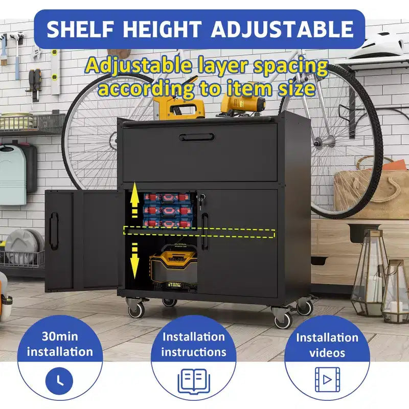 Mobiletto portautensili in acciaio da 35" con rotelle - Robusto contenitore in metallo con recinzione superiore, rotelle bloccabili e ripiano regolabile per garage e officina, nero