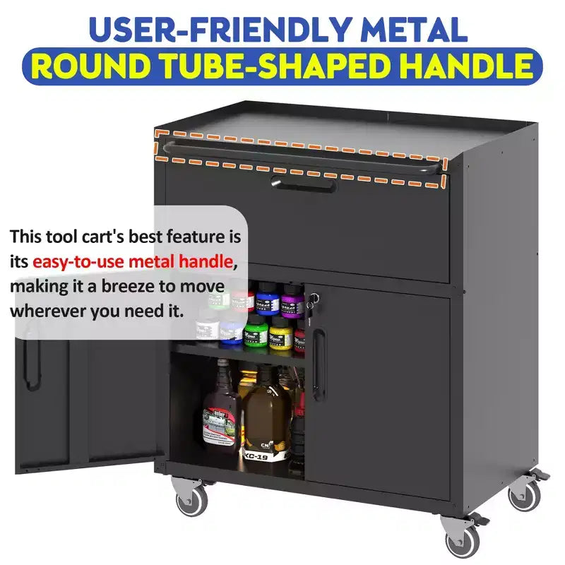 Mobiletto portautensili in acciaio da 35" con rotelle - Robusto contenitore in metallo con recinzione superiore, rotelle bloccabili e ripiano regolabile per garage e officina, nero