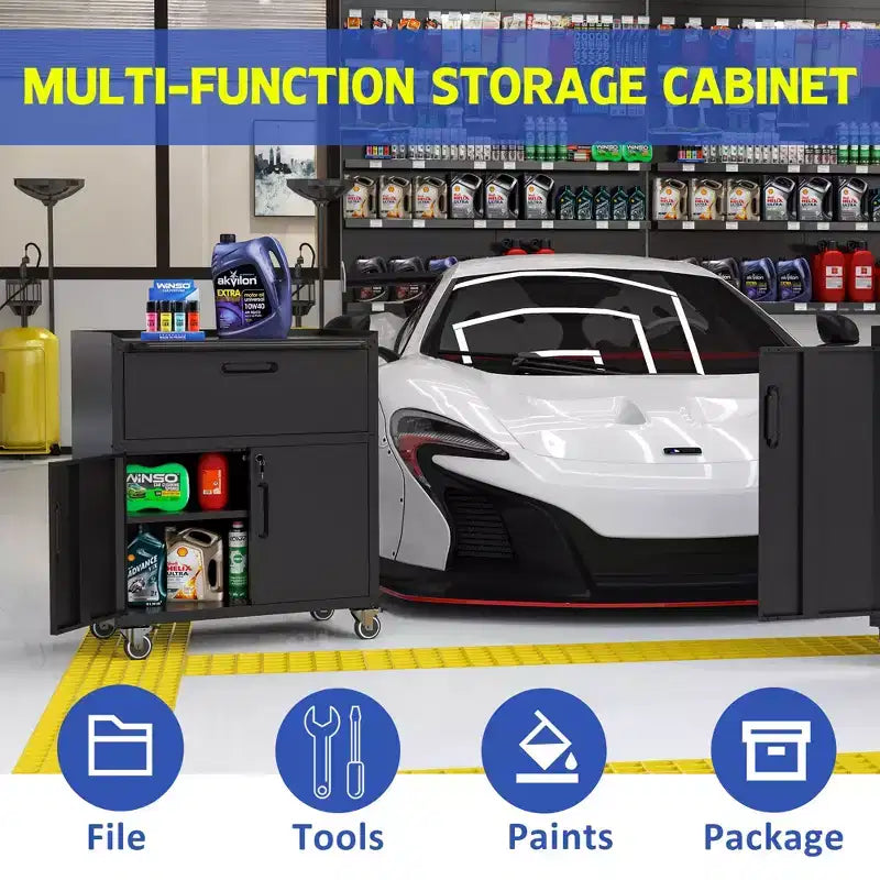 Mobiletto portautensili in acciaio da 35" con rotelle - Robusto contenitore in metallo con recinzione superiore, rotelle bloccabili e ripiano regolabile per garage e officina, nero