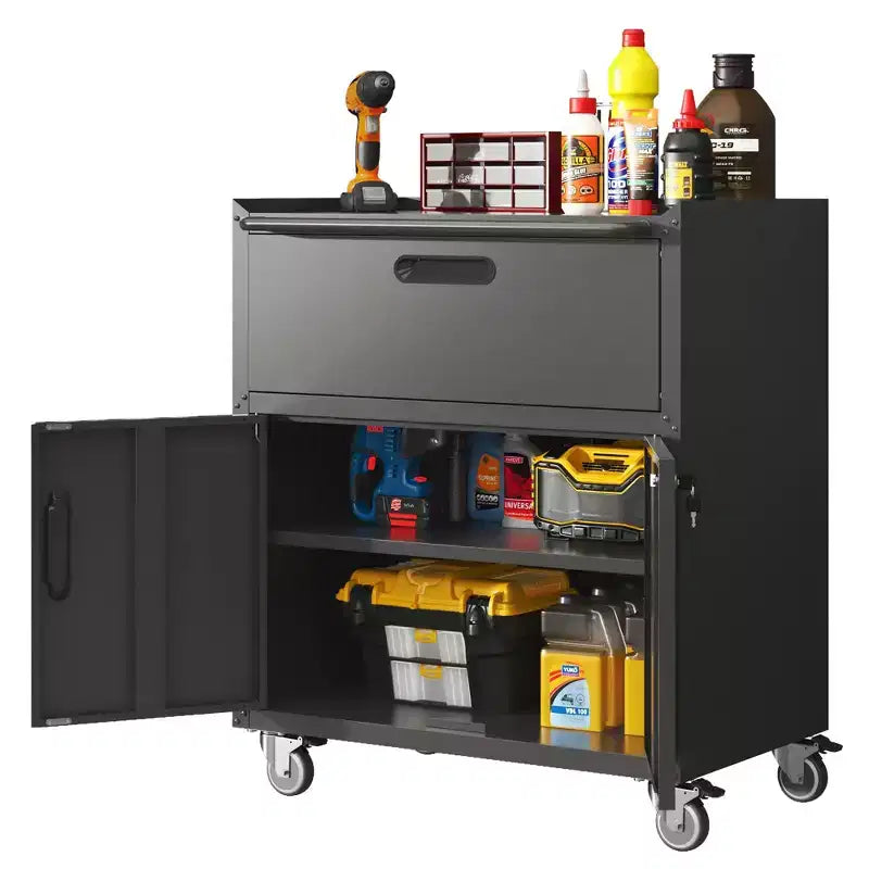 Mobiletto portautensili in acciaio da 35" con rotelle - Robusto contenitore in metallo con recinzione superiore, rotelle bloccabili e ripiano regolabile per garage e officina, nero