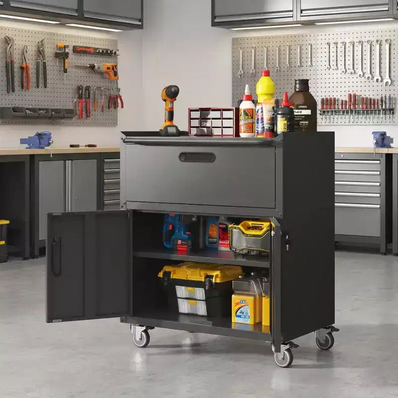 Mobiletto portautensili in acciaio da 35" con rotelle - Robusto contenitore in metallo con recinzione superiore, rotelle bloccabili e ripiano regolabile per garage e officina, nero