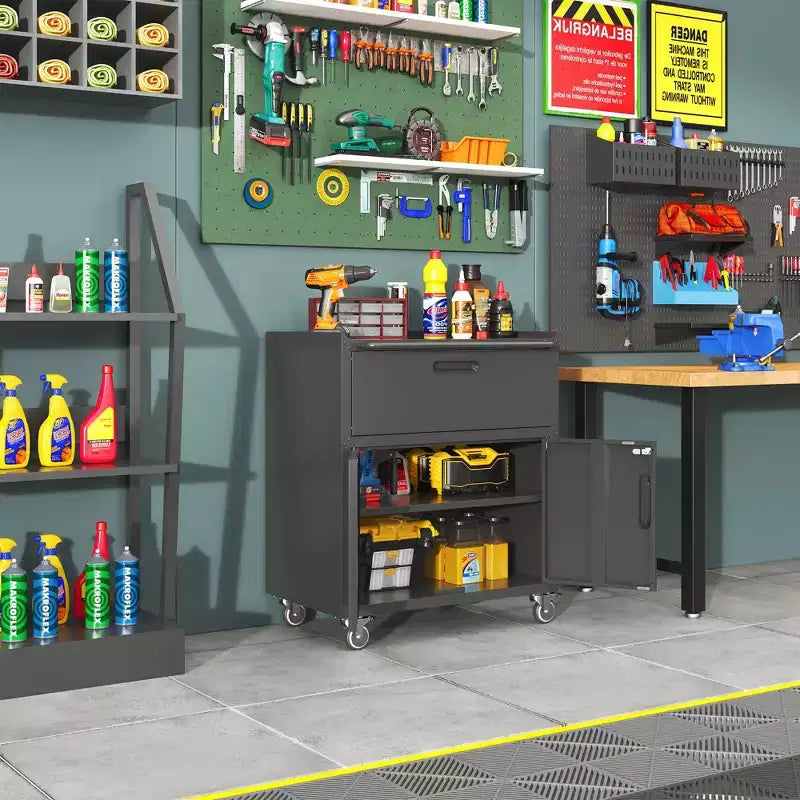 Mobiletto portautensili in acciaio da 35" con rotelle - Robusto contenitore in metallo con recinzione superiore, rotelle bloccabili e ripiano regolabile per garage e officina, nero