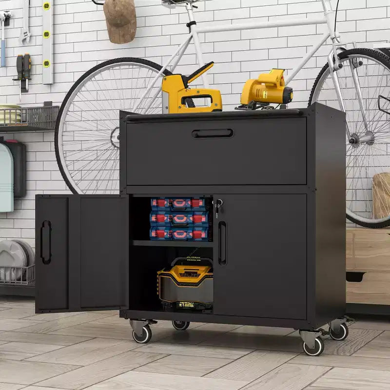 Mobiletto portautensili in acciaio da 35" con rotelle - Robusto contenitore in metallo con recinzione superiore, rotelle bloccabili e ripiano regolabile per garage e officina, nero