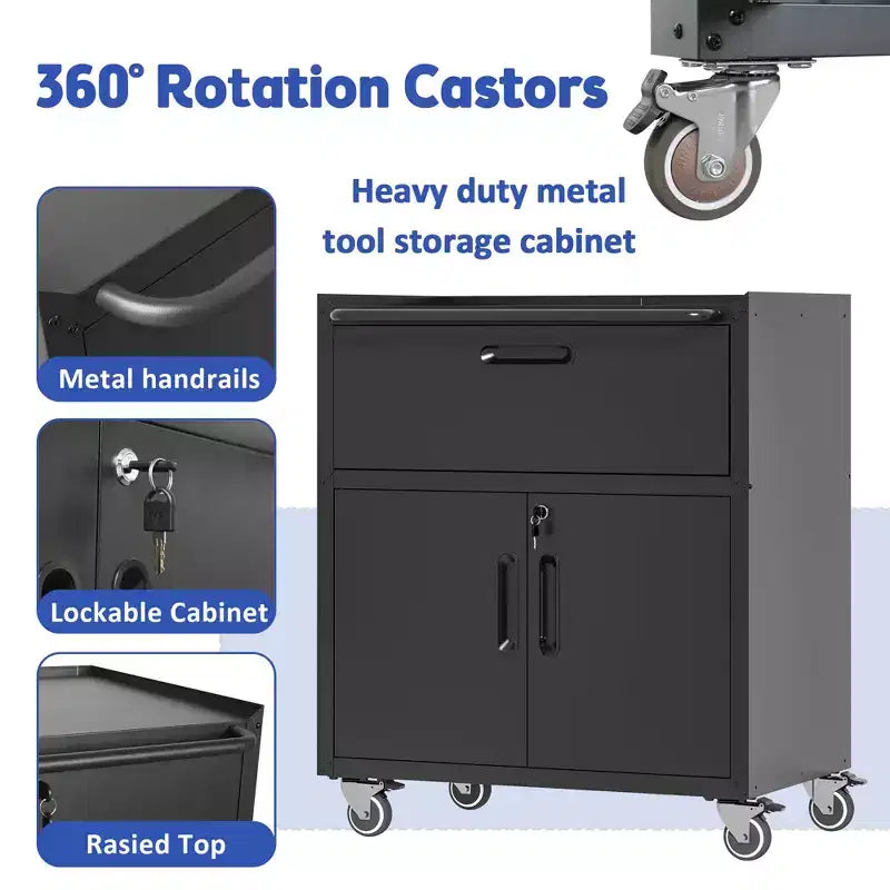 Mobiletto portautensili in acciaio da 35" con rotelle - Robusto contenitore in metallo con recinzione superiore, rotelle bloccabili e ripiano regolabile per garage e officina, nero