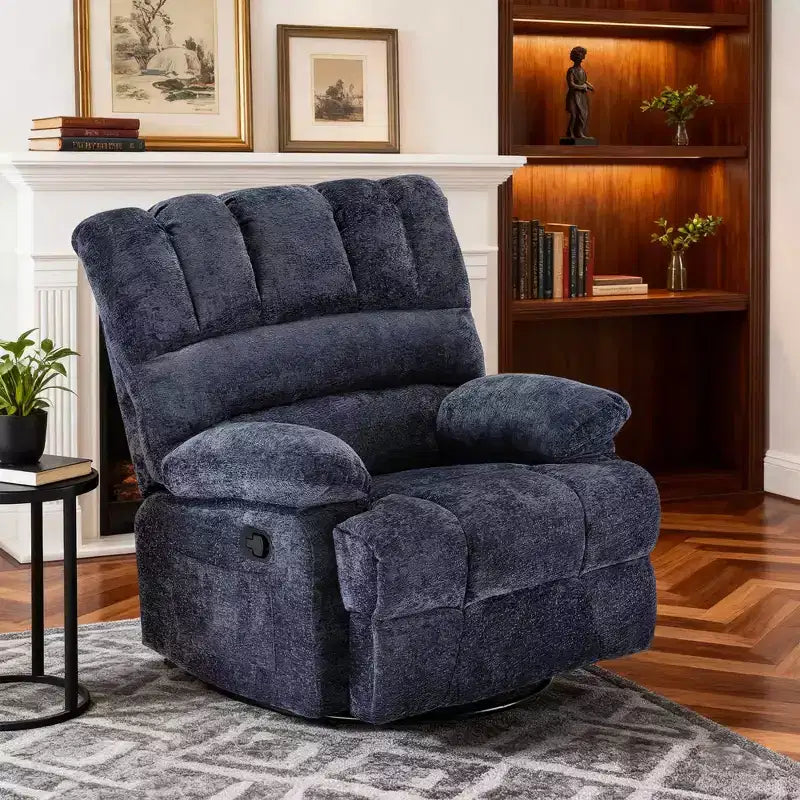 Divano reclinabile girevole a dondolo oversize blu per adulti, ciniglia, perfetto per il soggiorno