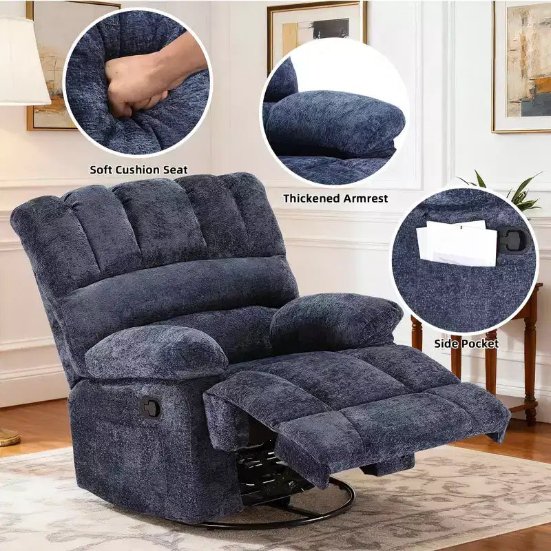 Divano reclinabile girevole a dondolo oversize blu per adulti, ciniglia, perfetto per il soggiorno