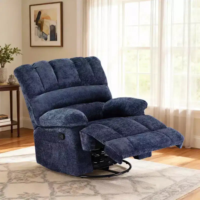 Divano reclinabile girevole a dondolo oversize blu per adulti, ciniglia, perfetto per il soggiorno