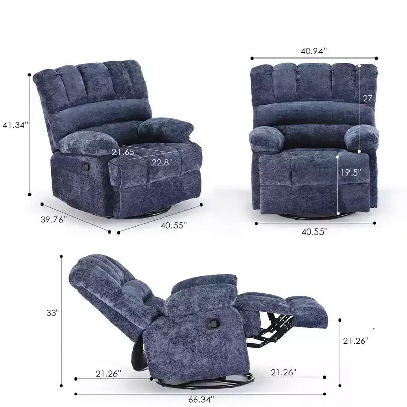 Divano reclinabile girevole a dondolo oversize blu per adulti, ciniglia, perfetto per il soggiorno