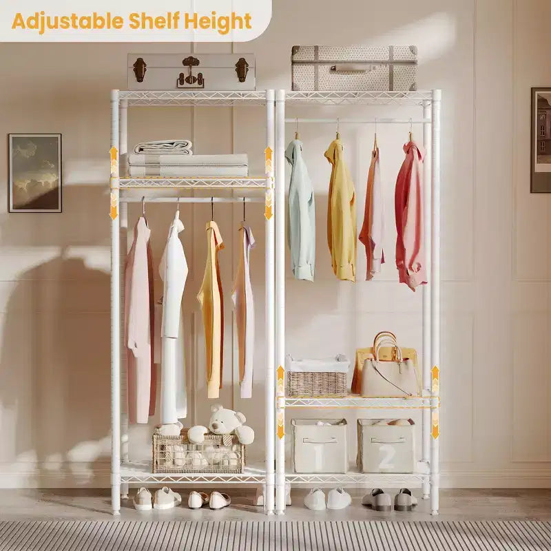 Metal Clothes Rack with Adjustable Shelves, Heavy-Duty 660LB Clothing Organizer for Bedroom, Laundry & Living Room, White