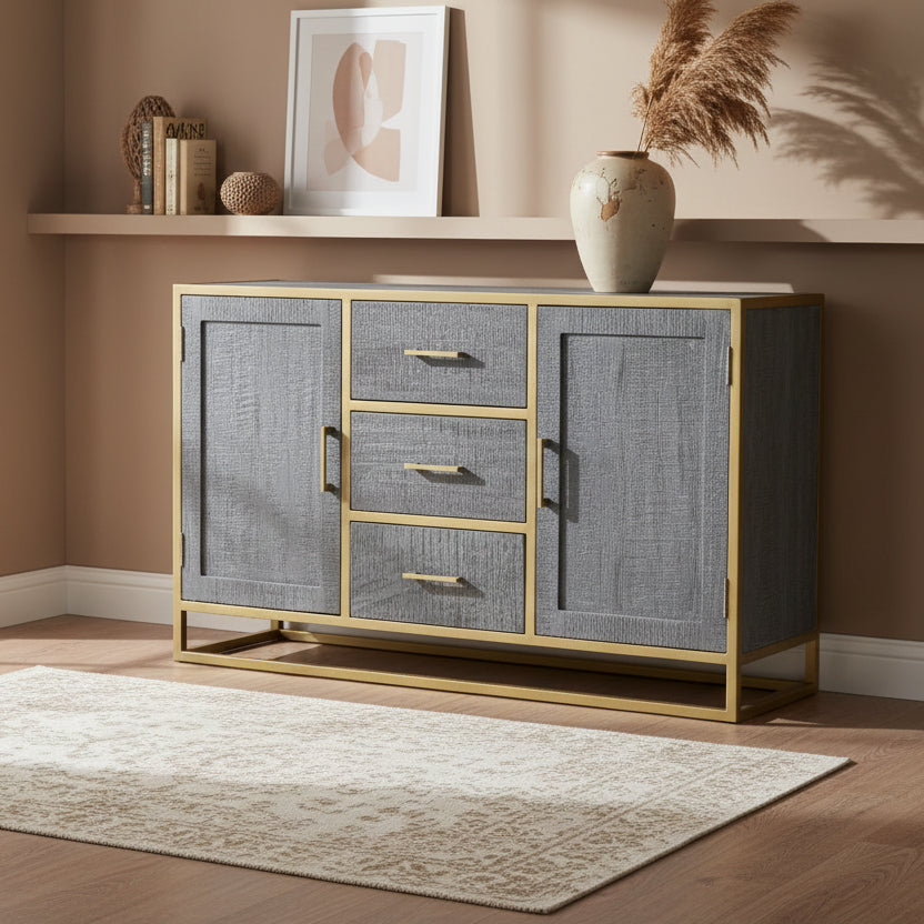 Raven Mango Wood Dining Sideboard Brown - Timbergirl: Sturdy Metal Frame, 3 Drawers, 2 Doors