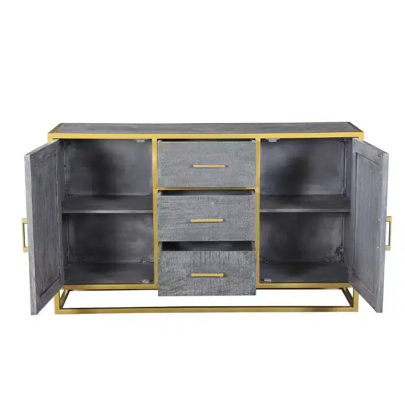 Raven Mango Wood Dining Sideboard Brown - Sturdy Metal Frame, 3 Drawers, 2 Doors