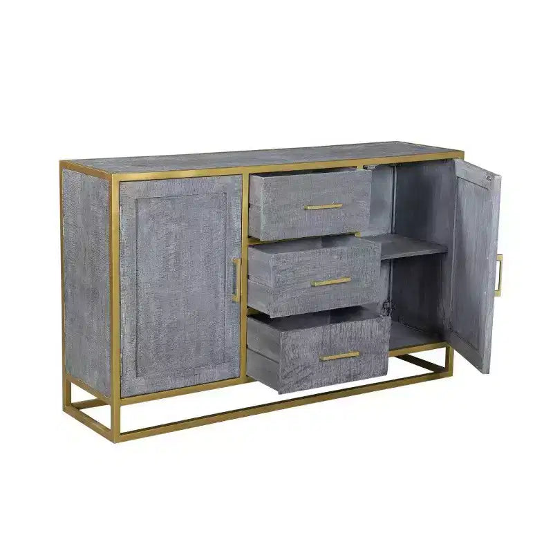 Raven Mango Wood Dining Sideboard Brown - Sturdy Metal Frame, 3 Drawers, 2 Doors