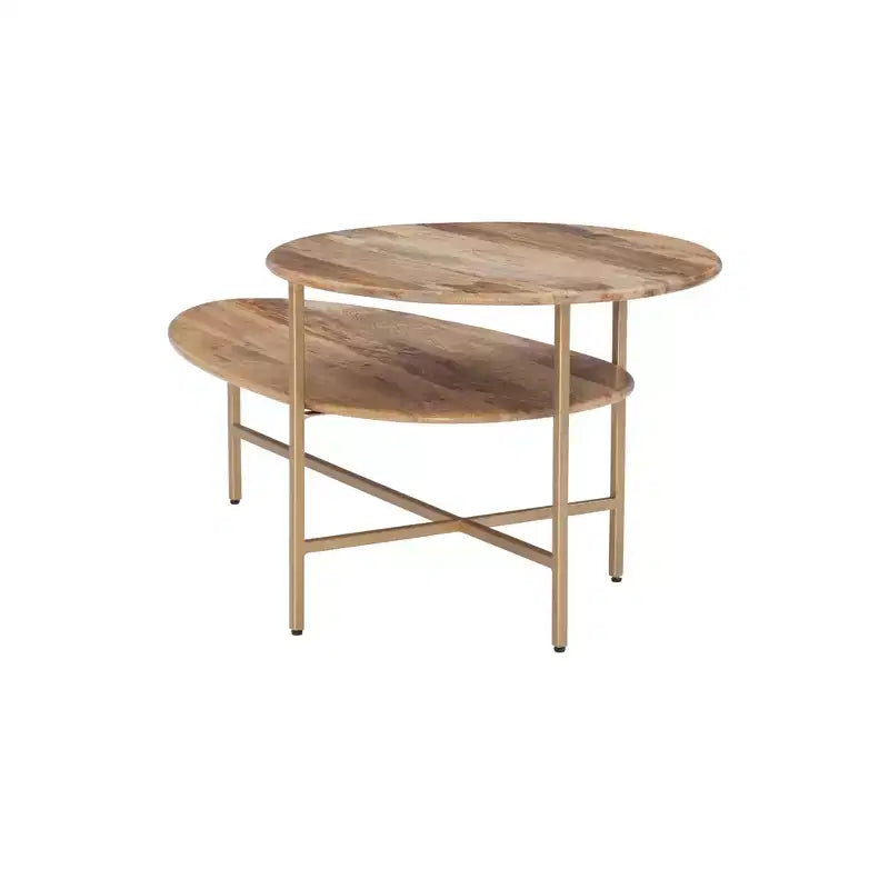 Modern 2 Tier Coffee Table with 2 Solid Wood Tabletops Metal Legs in Gold Finish