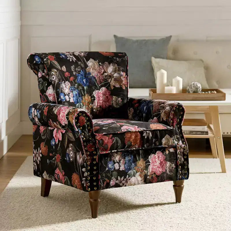 Traditional Wooden Upholstered Floral Armchair with Wingback and Nailhead Trim