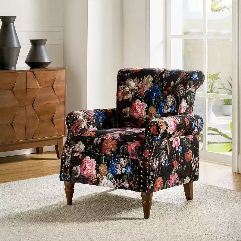 Traditional Wooden Upholstered Floral Armchair with Wingback and Nailhead Trim