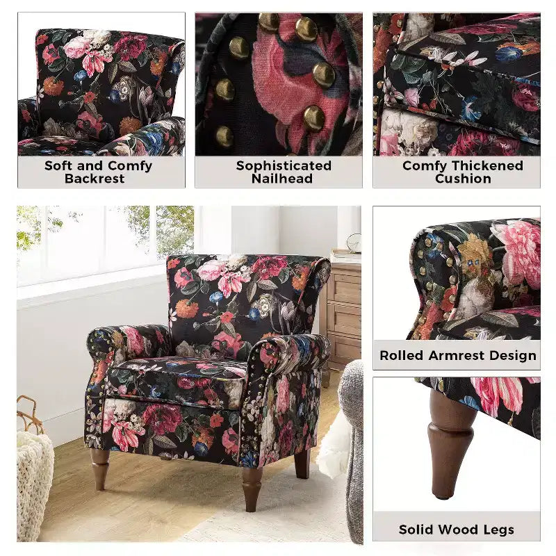 Traditional Wooden Upholstered Floral Armchair with Wingback and Nailhead Trim