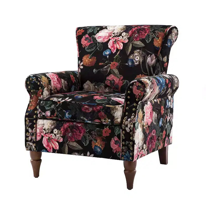 Traditional Wooden Upholstered Floral Armchair with Wingback and Nailhead Trim
