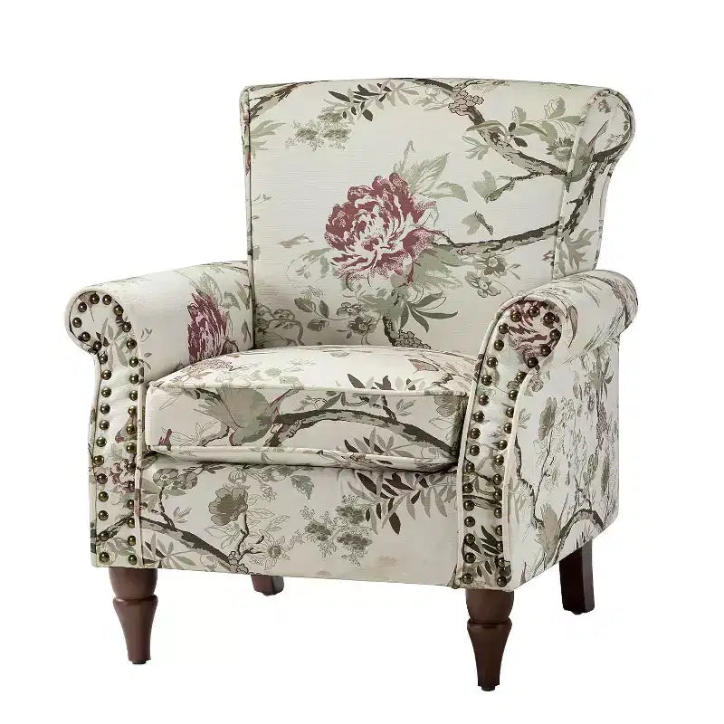 Traditional Wooden Upholstered Floral Armchair with Wingback and Nailhead Trim
