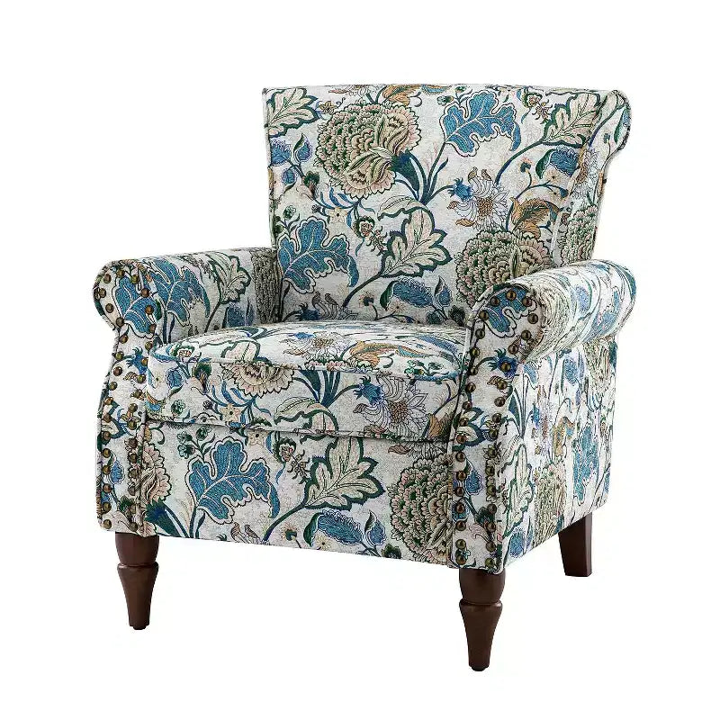 Traditional Wooden Upholstered Floral Armchair with Wingback and Nailhead Trim