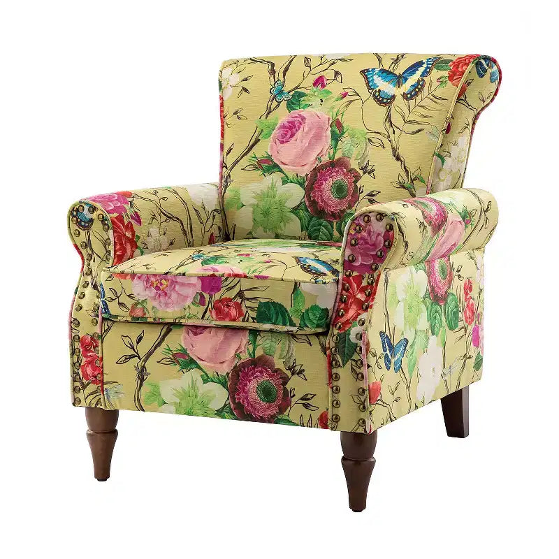 Traditional Wooden Upholstered Floral Armchair with Wingback and Nailhead Trim