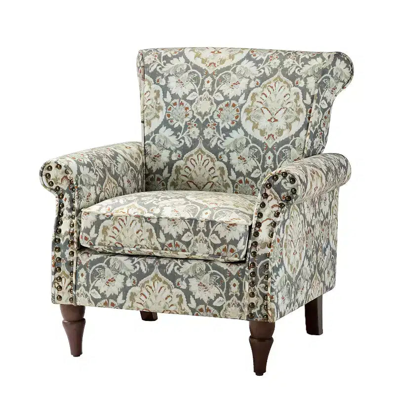 Traditional Wooden Upholstered Floral Armchair with Wingback and Nailhead Trim