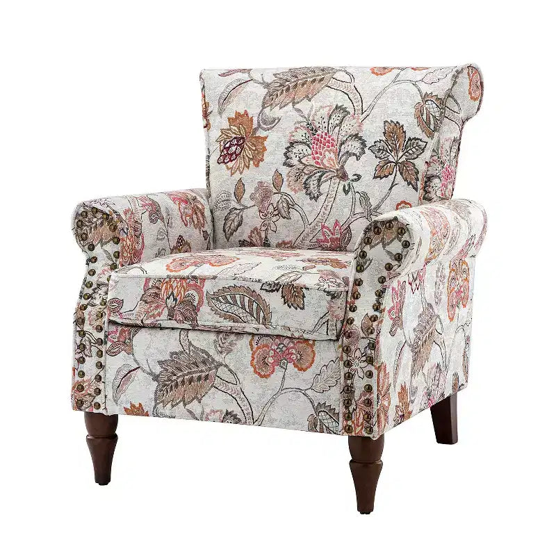 Traditional Wooden Upholstered Floral Armchair with Wingback and Nailhead Trim