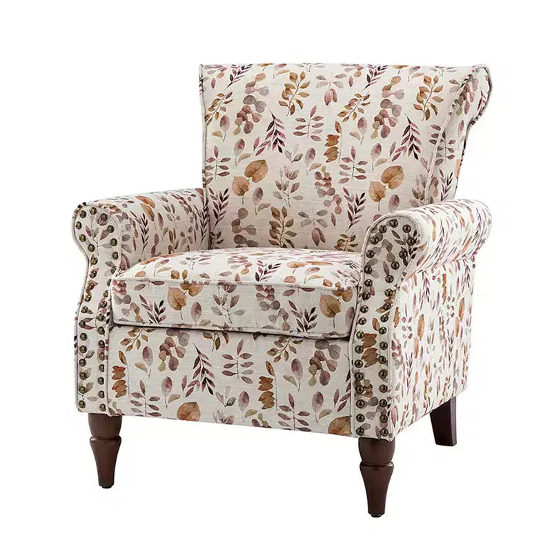 Traditional Wooden Upholstered Floral Armchair with Wingback and Nailhead Trim