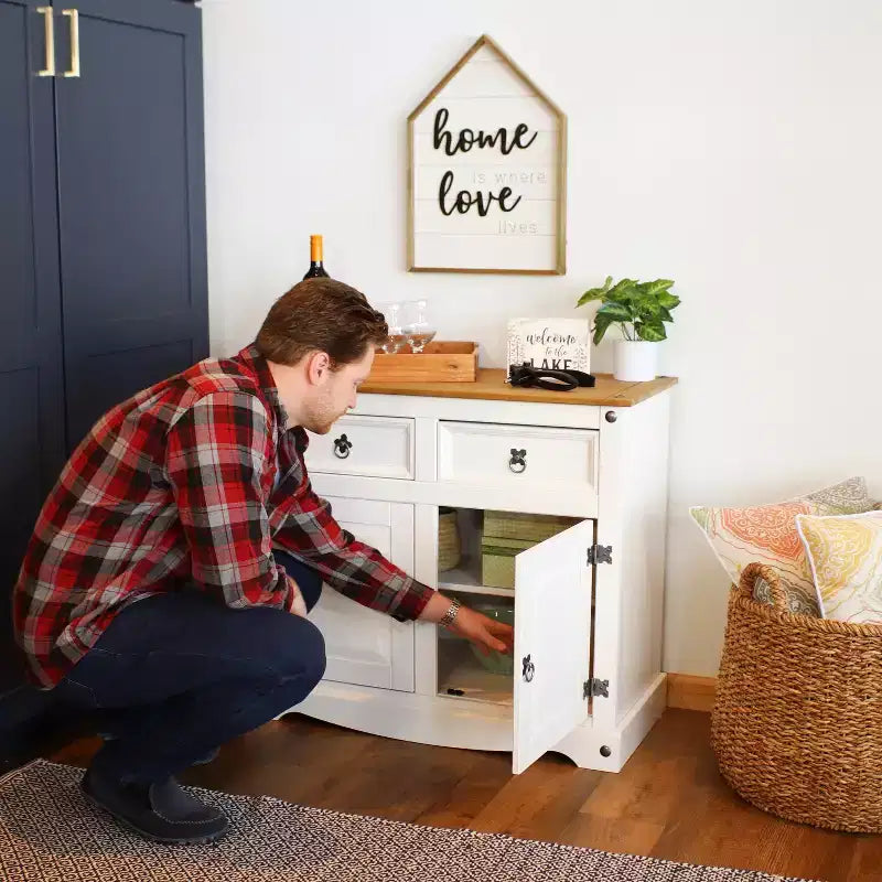 Credenza da cucina con 2 cassetti e 2 ante - Struttura in pino massiccio - Bianca