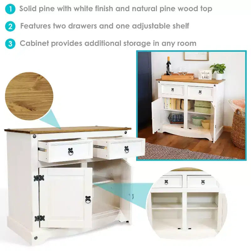 Credenza da cucina con 2 cassetti e 2 ante - Struttura in pino massiccio - Bianca