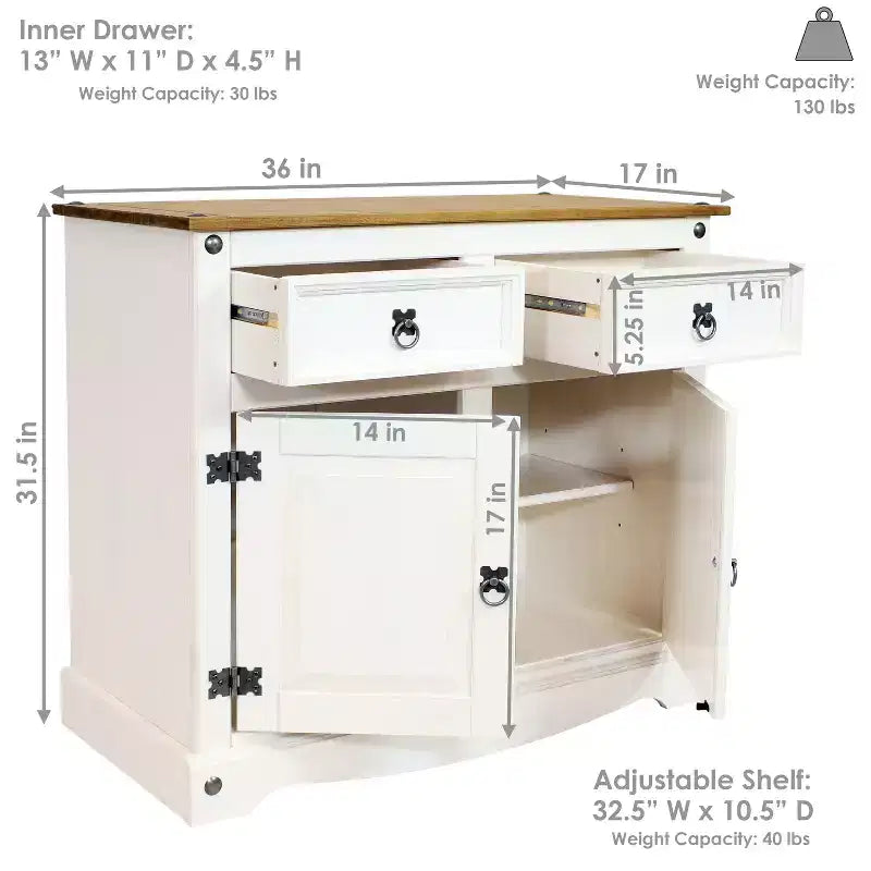 Credenza da cucina con 2 cassetti e 2 ante - Struttura in pino massiccio - Bianca