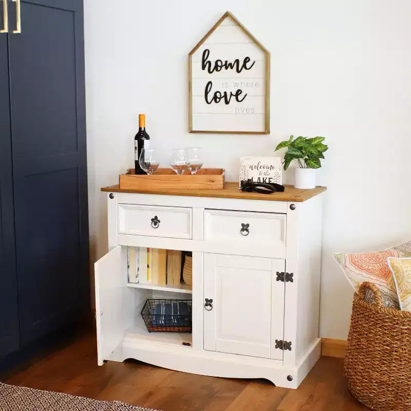 Credenza da cucina con 2 cassetti e 2 ante - Struttura in pino massiccio - Bianca