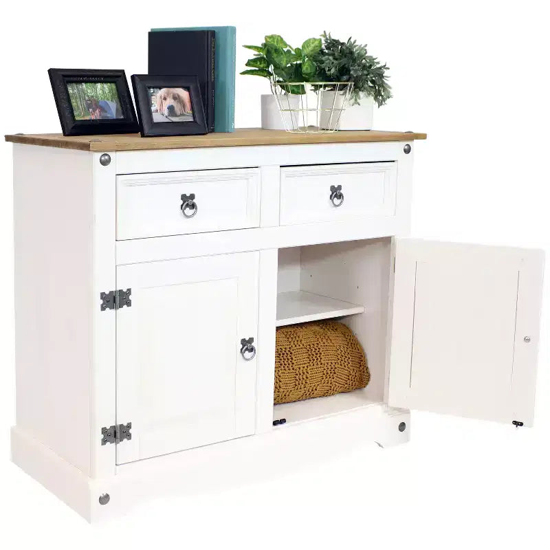 Credenza da cucina con 2 cassetti e 2 ante - Struttura in pino massiccio - Bianca